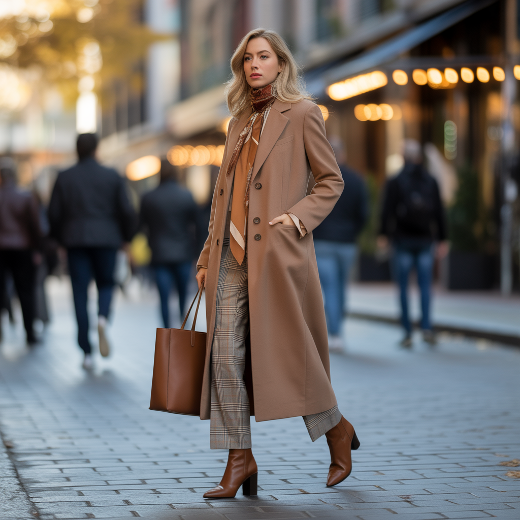 Camel Coats with Plaid Pants