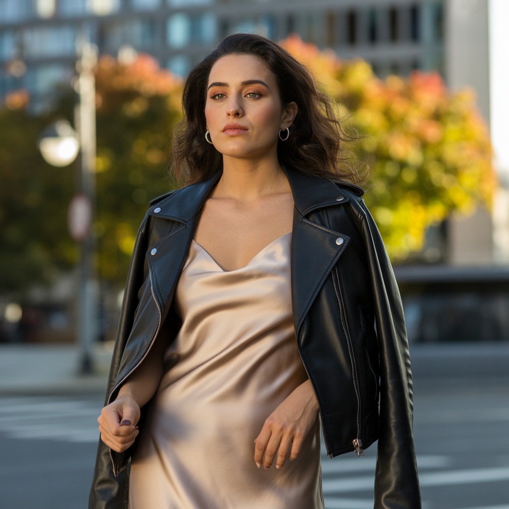 20 Ideas for Cozy and Stylish Trending Fall Outfits to Try Now 3 Leather Jackets with Slip Dresses