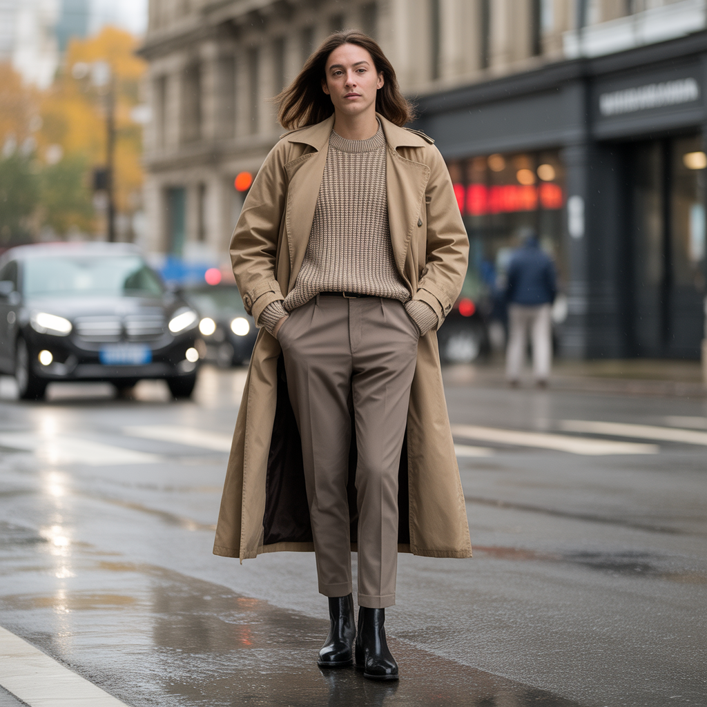 Long Trench Coat over Knit Layers