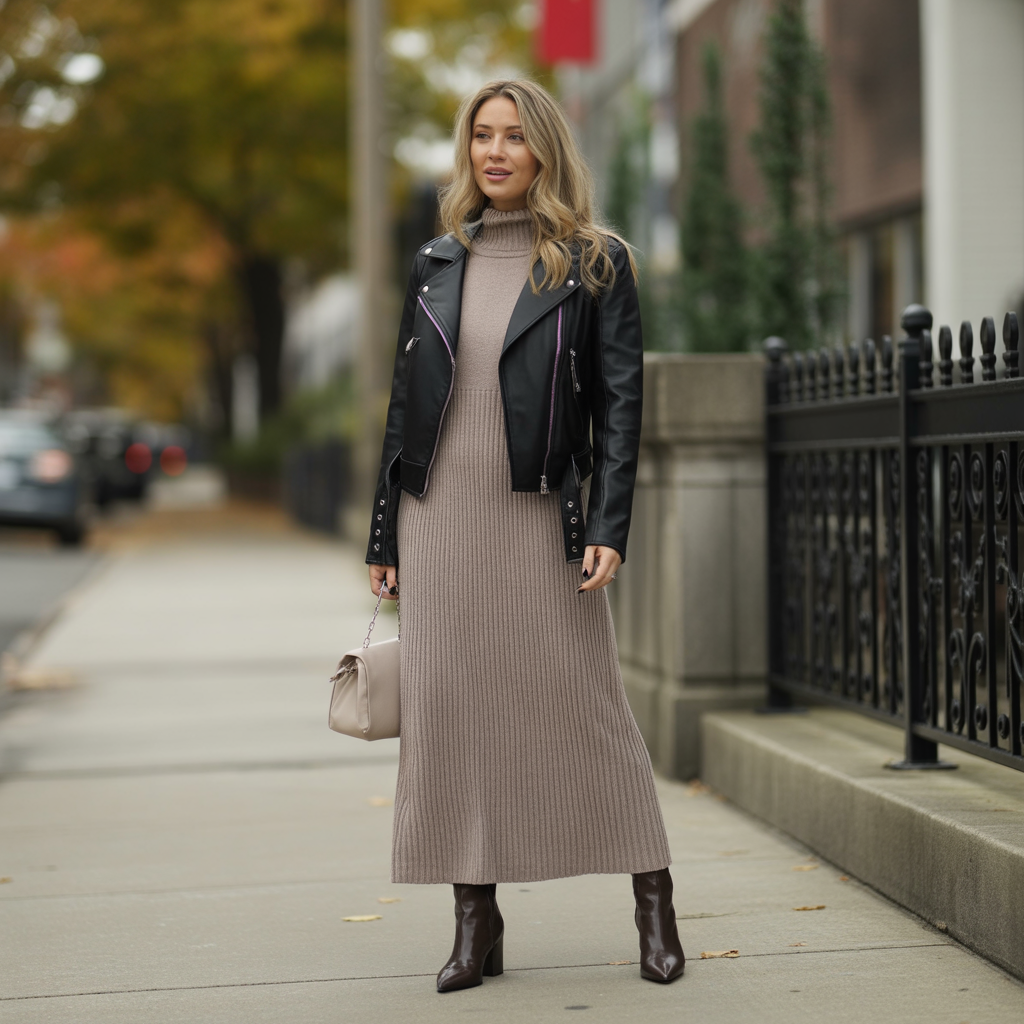 Leather Jackets with Knit Dresses
