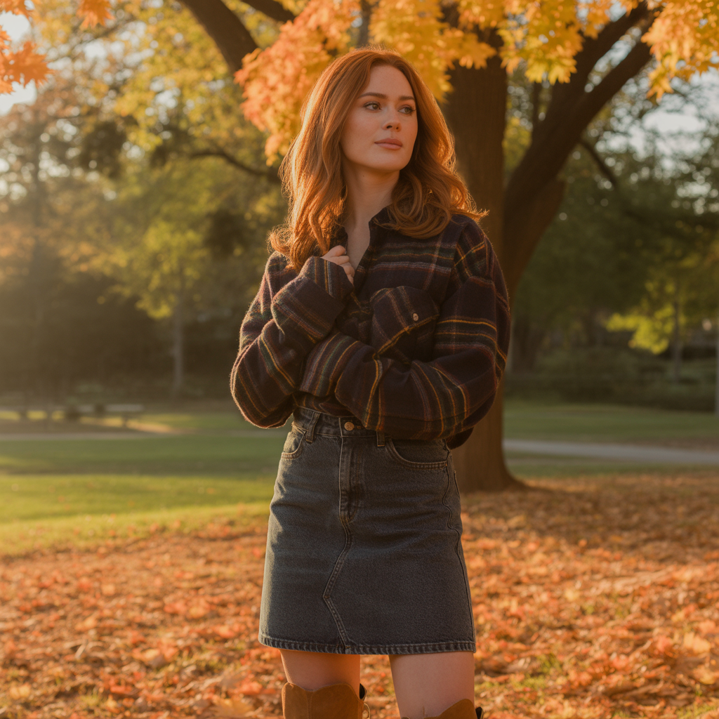 Fall Outfits with Skirts: 20 Stylish Looks for Autumn 4 Denim Skirt and Flannel Shirt