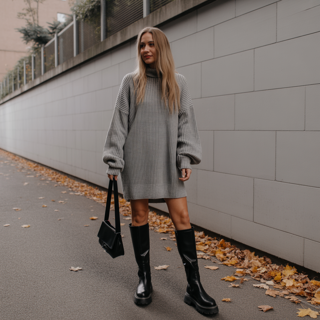 Chunky Boots with Relaxed Sweater Dresses