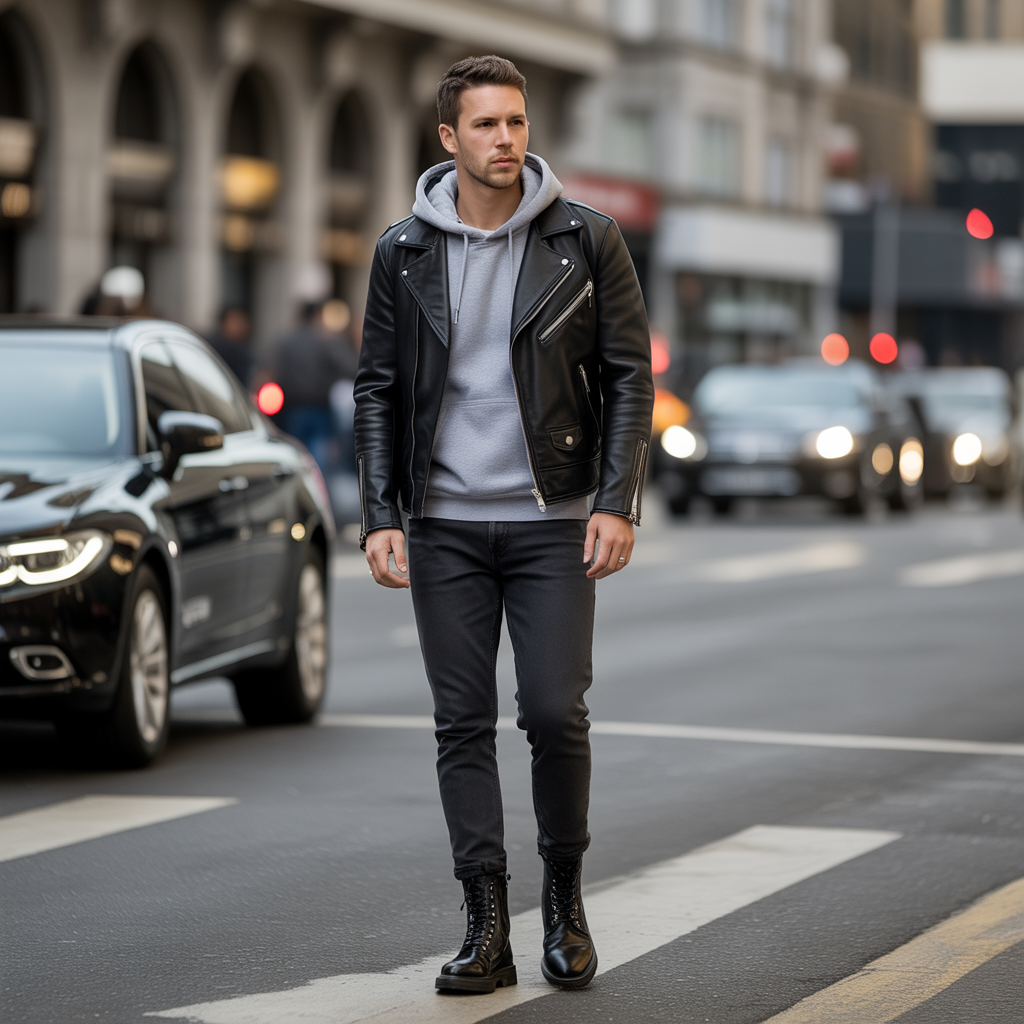 Hoodie with Leather Jacket