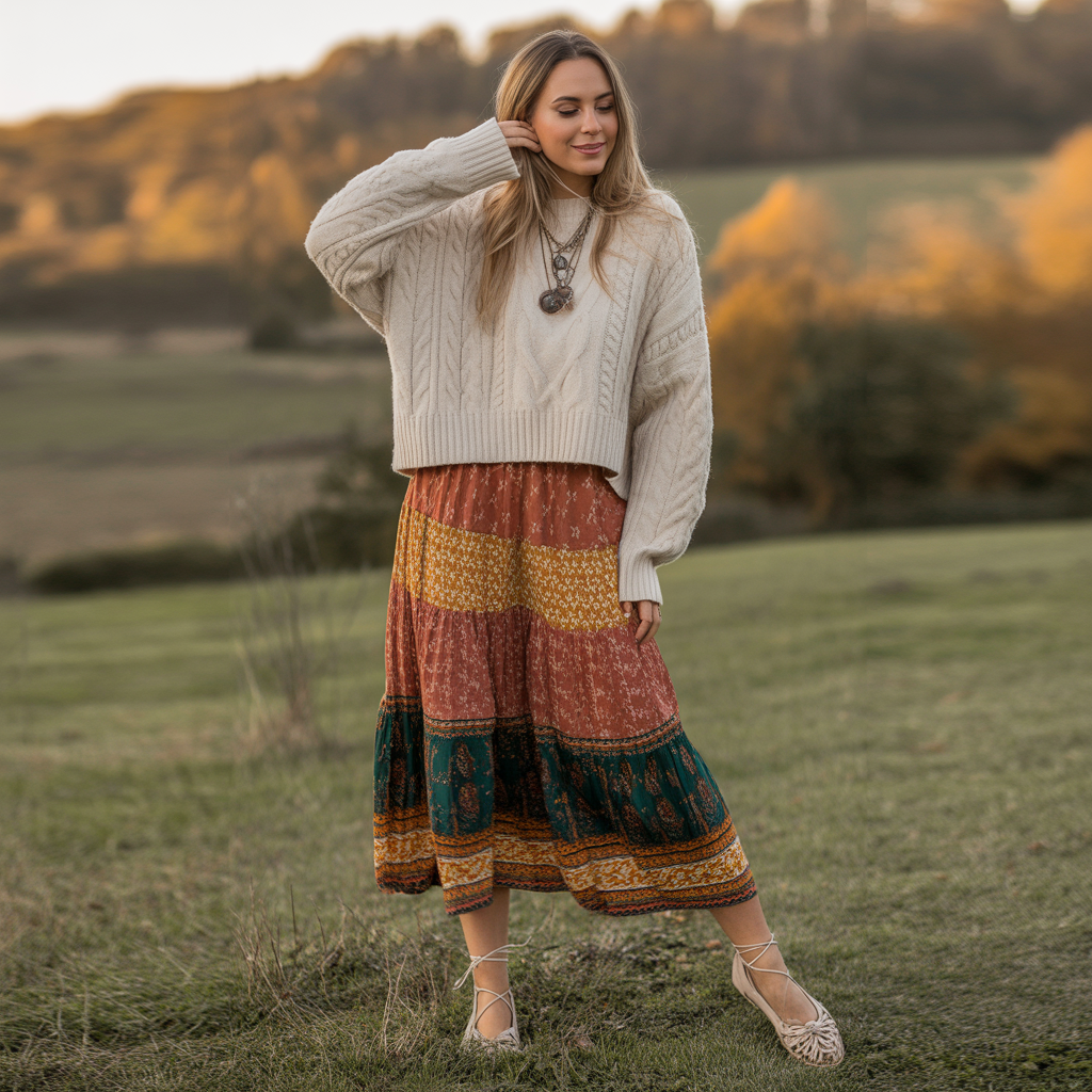 Bohemian Midi Skirts with Oversized Sweaters