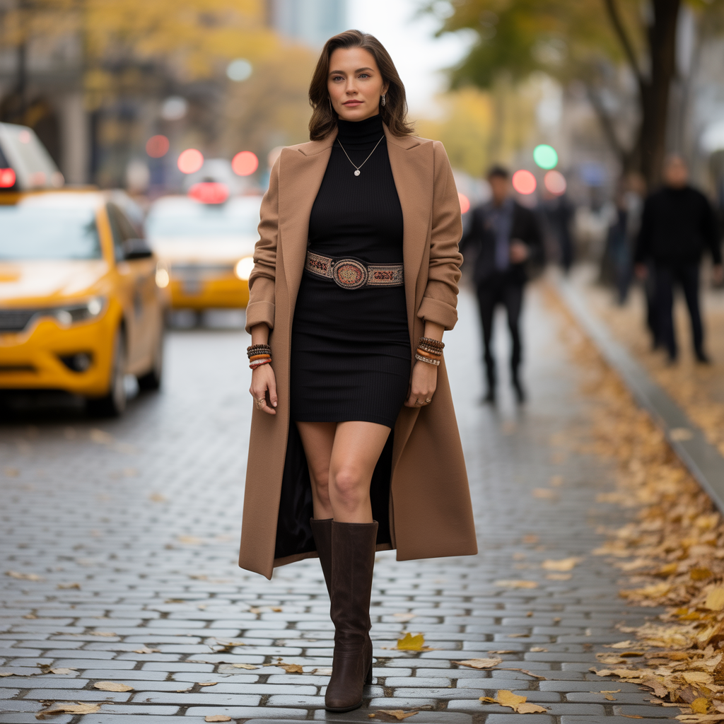 Turtleneck Dresses with Belted Layers