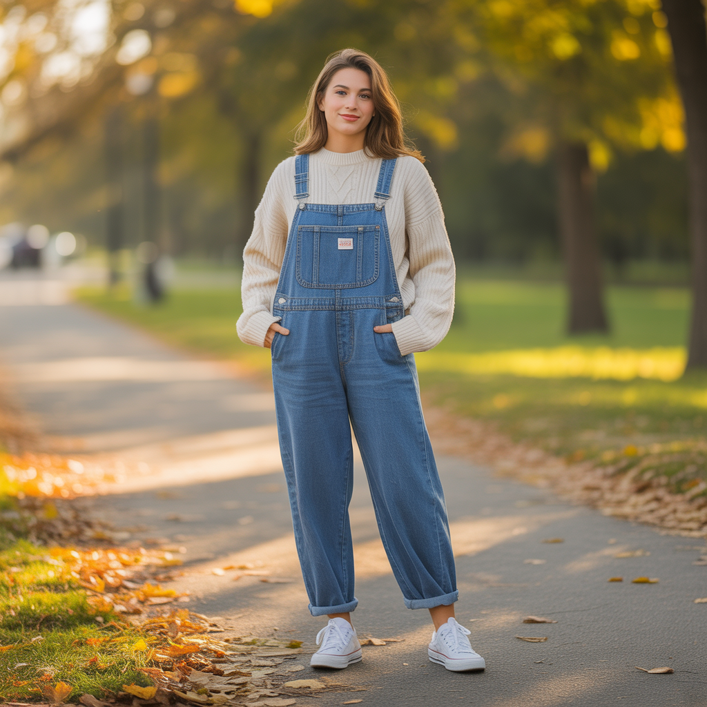 Denim Overalls with Knit Sweater