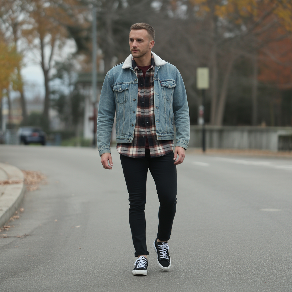 Flannel Shirt Layered with Denim Jacket