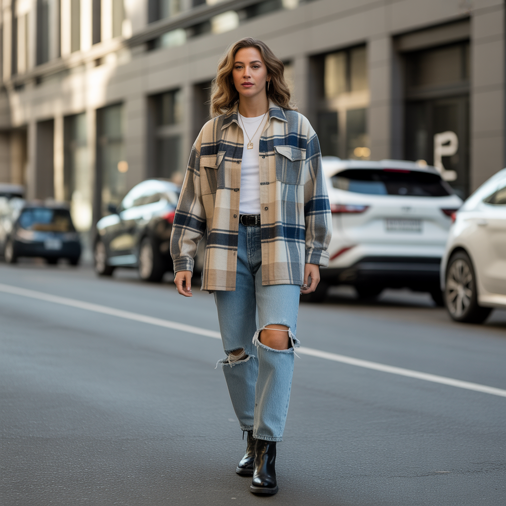 Shacket with Distressed Jeans