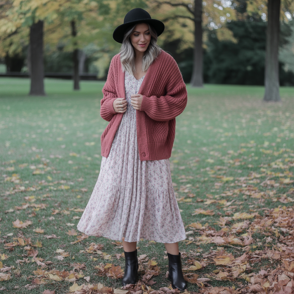 Early Fall Outfits Guide: From Summer to Autumn 2 Flowy Midi Dress With Cardigan