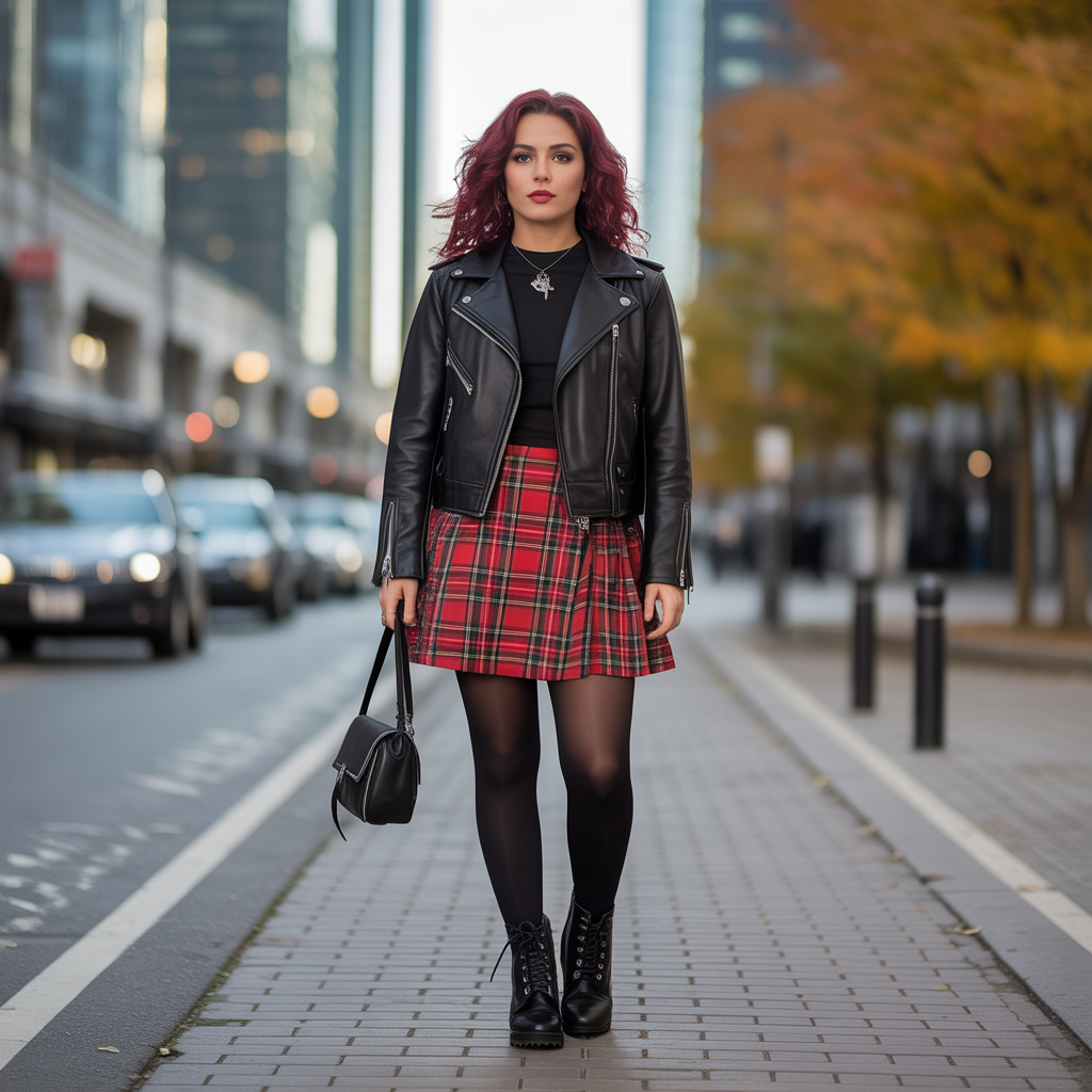 Leather Jacket and Plaid Skirt