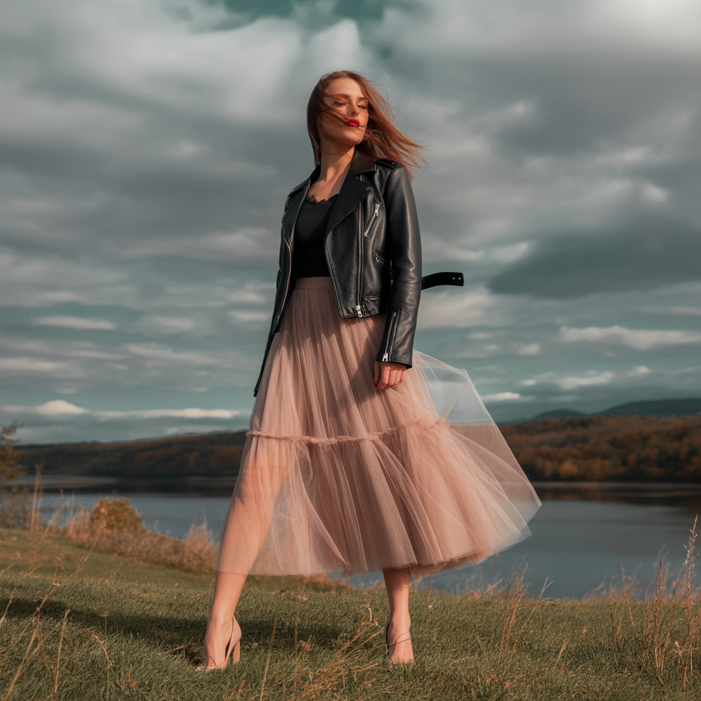 Fall Outfits with Skirts: 20 Stylish Looks for Autumn 12 Tulle Skirt with Leather Jacket