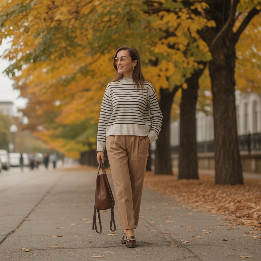 Early Fall Outfits Guide: From Summer to Autumn 13 Striped Sweater With Khakis
