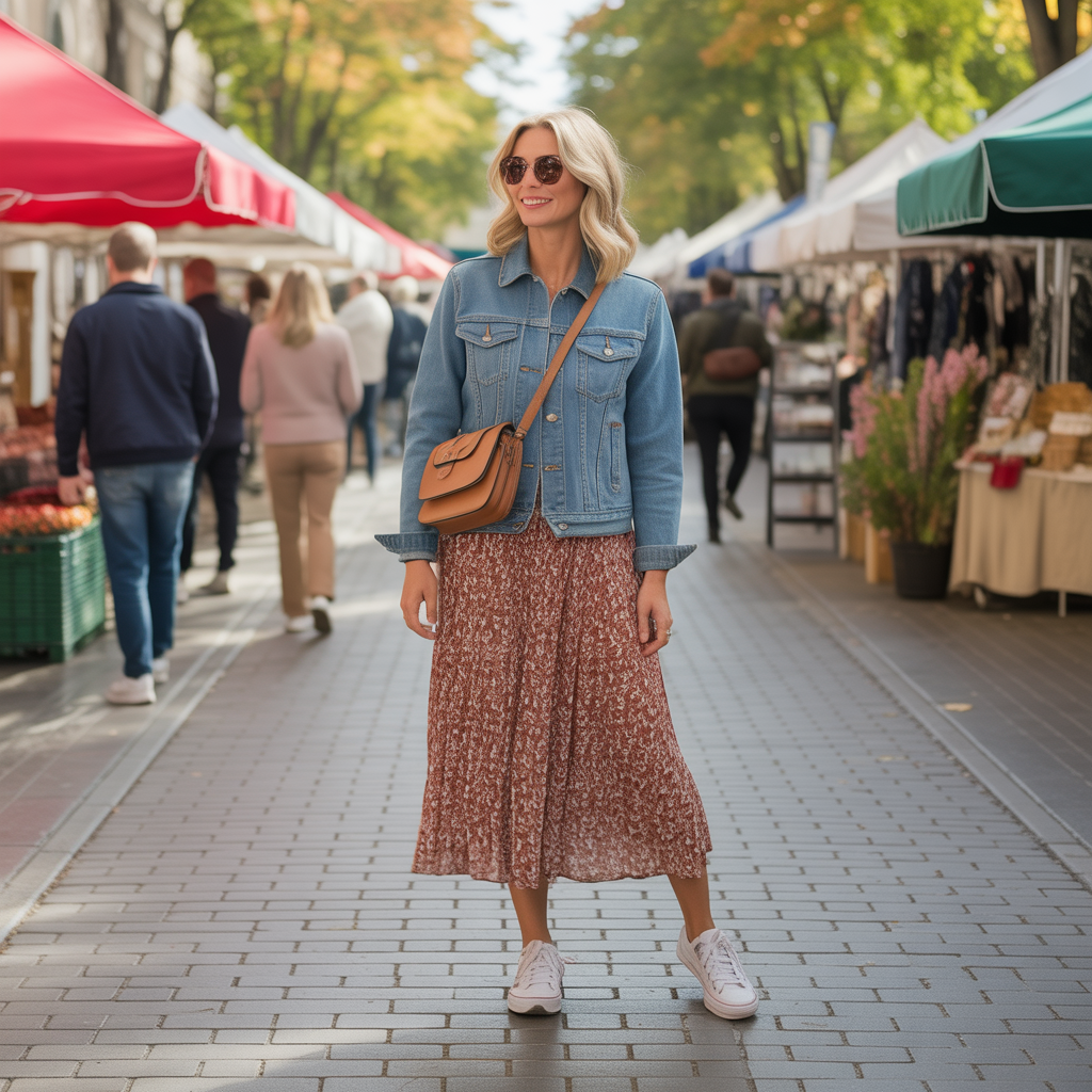 Early Fall Outfits Guide: From Summer to Autumn 6 Denim Jacket With Midi Skirt