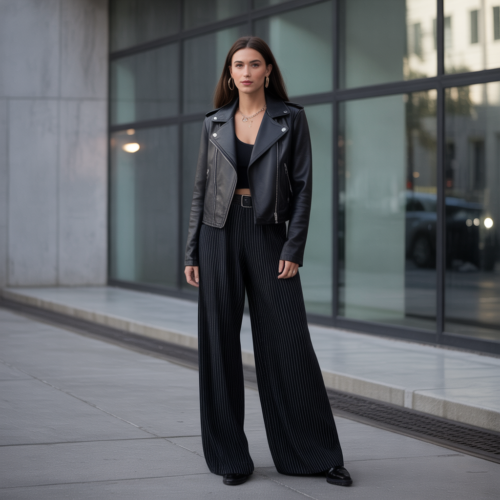 20 Edgy Fall Outfits to Rule Autumn Style 8 Moto Jackets with Wide-Leg Pants