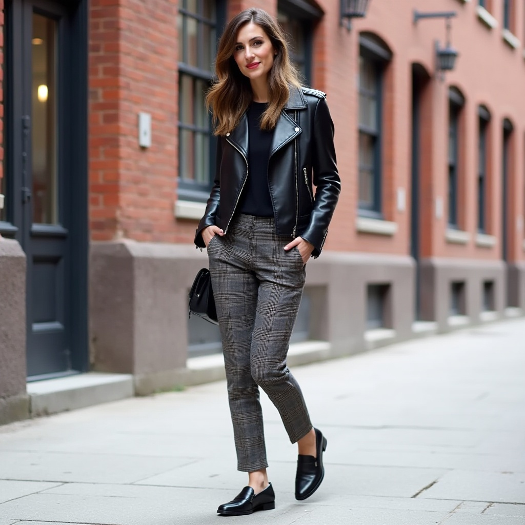Leather Jackets with Plaid Trousers