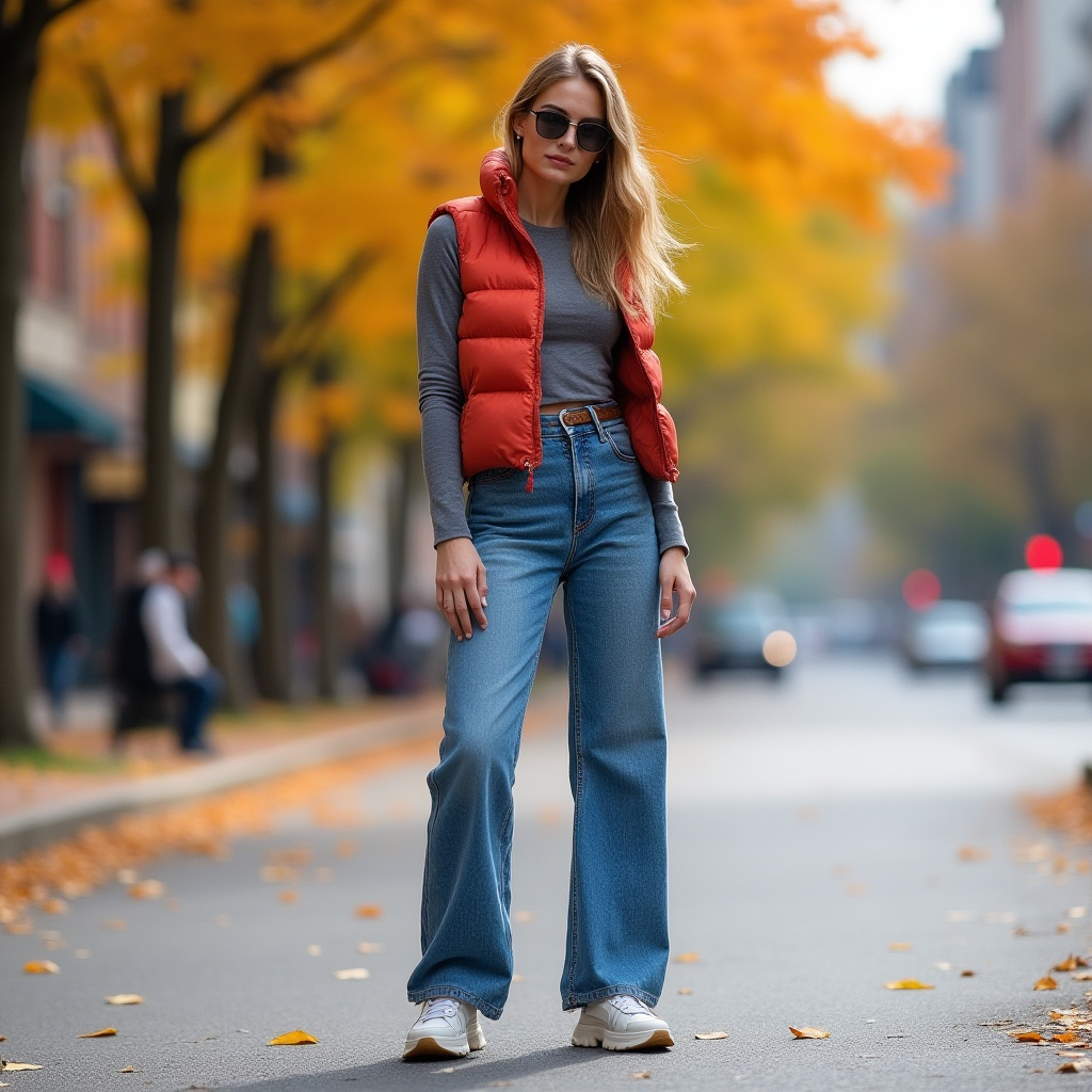 Puffer Vests with Wide-Leg Jeans