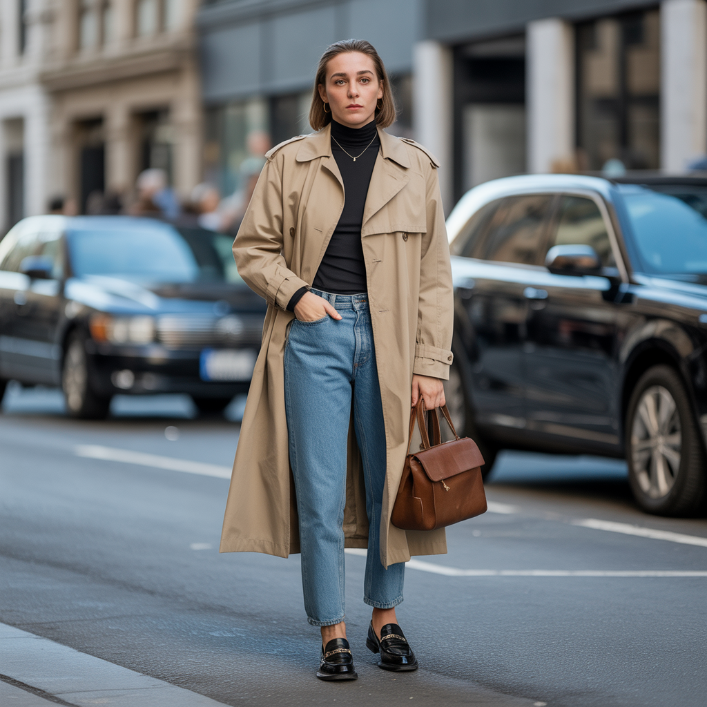 Trench Coat with Straight-Leg Denim
