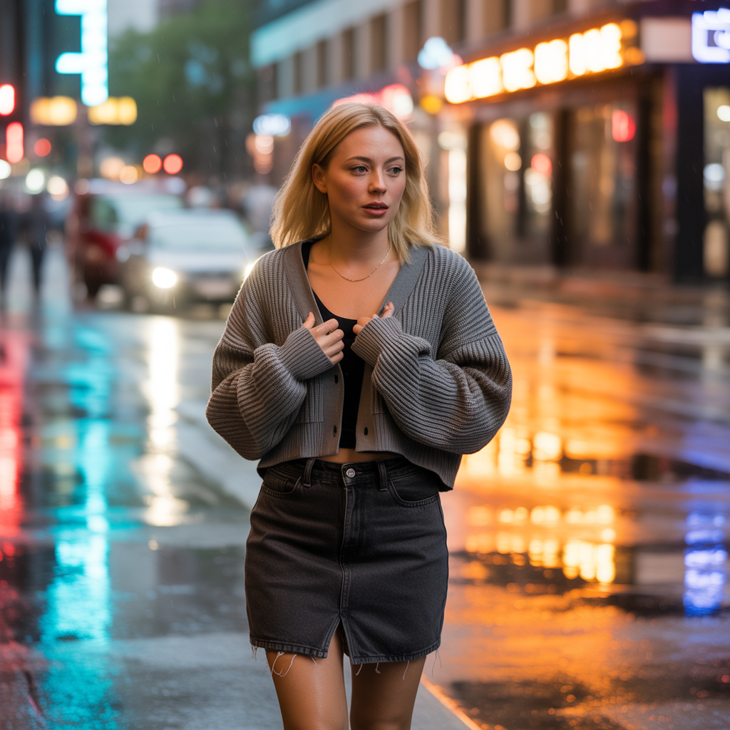 Denim Skirt with Cardigan