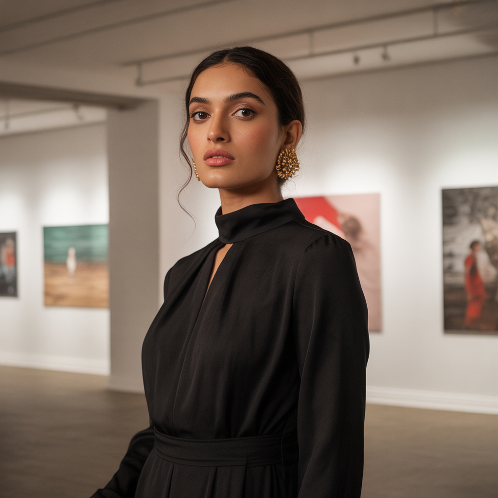 High-Neck Dress with Statement Earrings