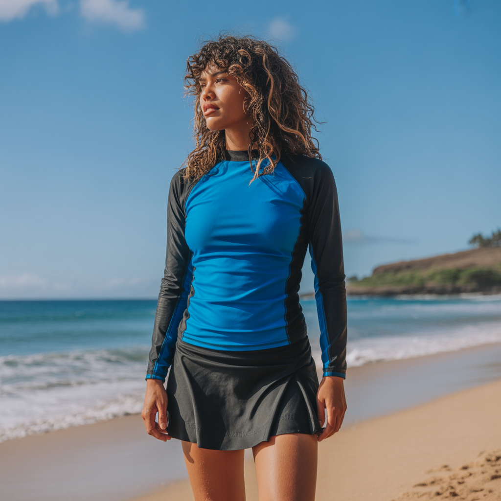 20 Best Modest Swimwear Outfit Ideas for Chic Beach Style 10 Layered Rash Guard with Swim Skirt