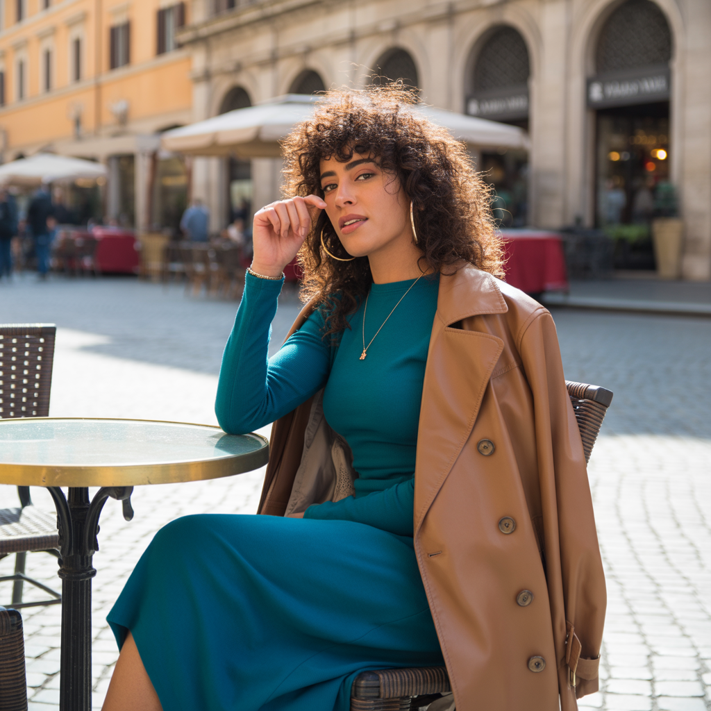 Long-Sleeve Midi Dress with Trench Coat