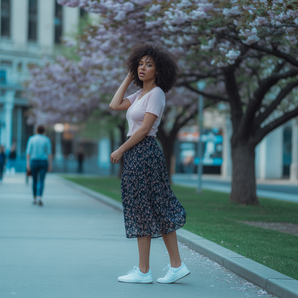 20 Best First Day of College Outfit Ideas to Look Stylish 18 Midi Skirt with Sneakers