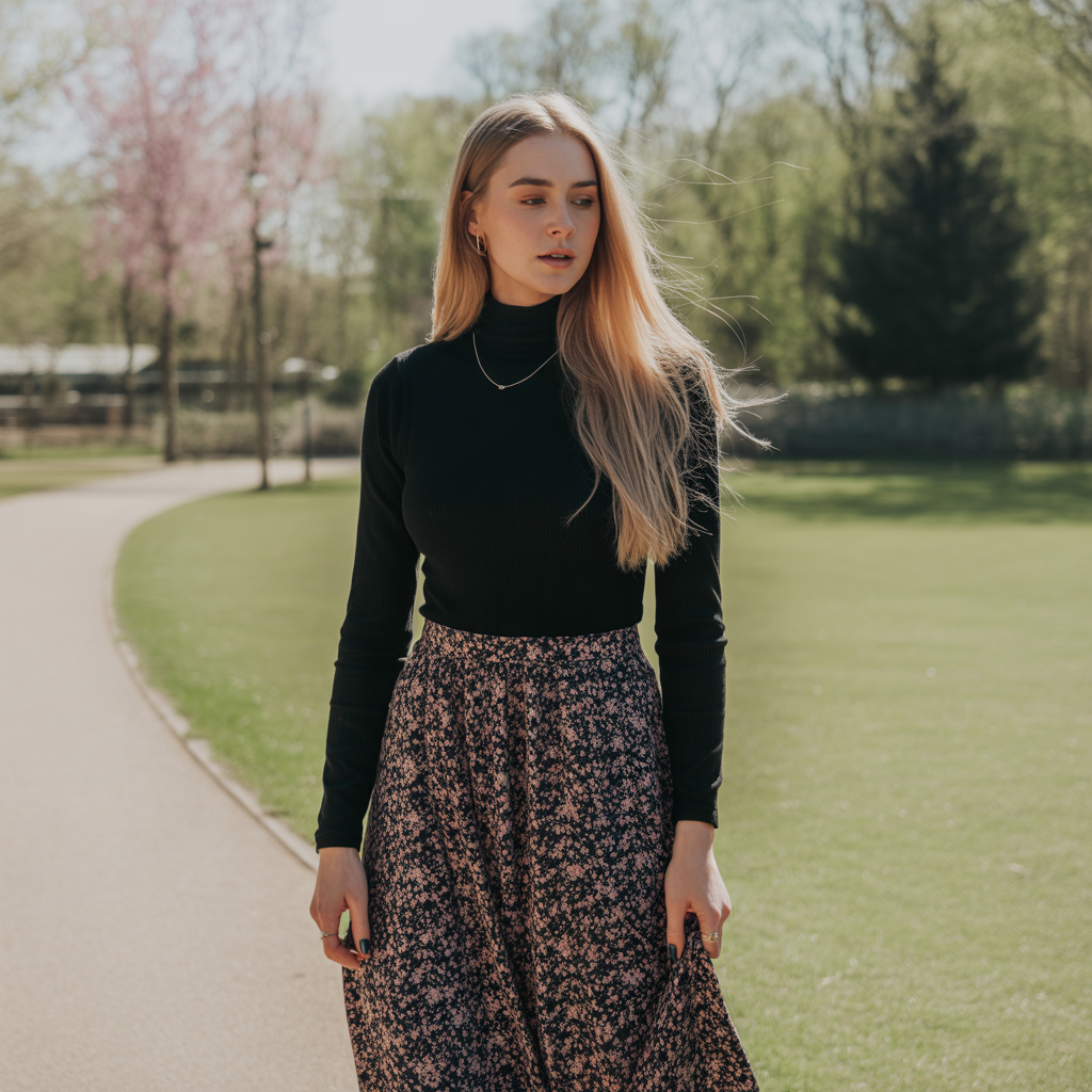 18 Best College Outfit Ideas Aesthetic for Stylish Students 17 Midi Skirt with Turtleneck