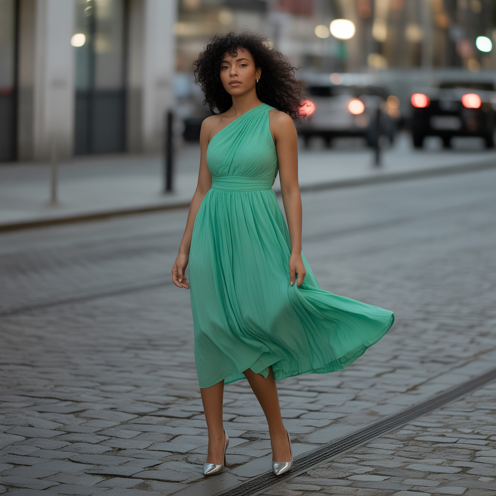 One-Shoulder Dress with Metallic Heels