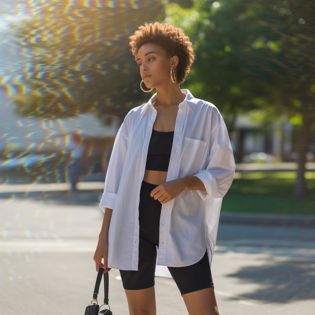 20 Best Casual Outfit Ideas for Effortless Everyday Style 9 Oversized Shirt with Biker Shorts
