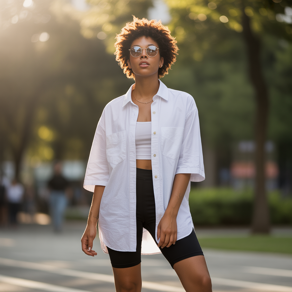 20 Best First Day of College Outfit Ideas to Look Stylish 3 Oversized Shirt with Biker Shorts