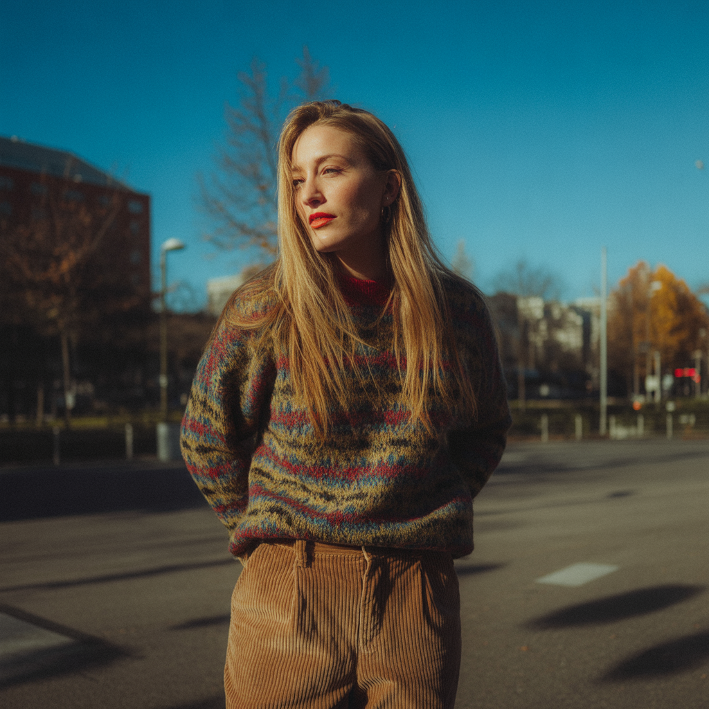 Patterned Sweater with Neutral Bottoms