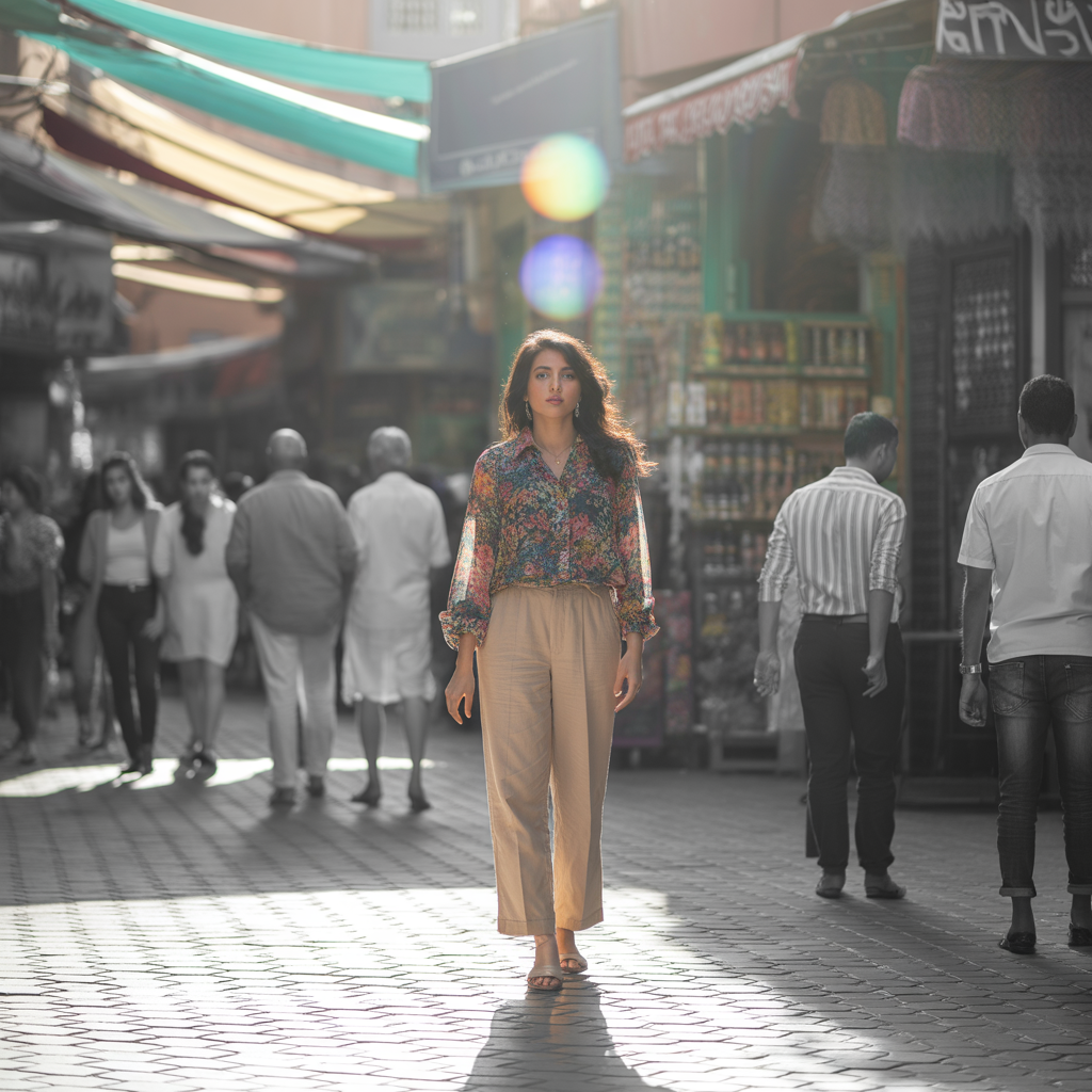 Printed Blouse with Neutral Pants