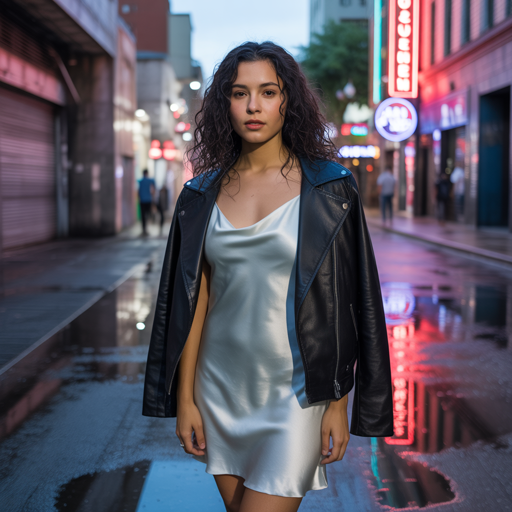 Slip Dress with Leather Jacket