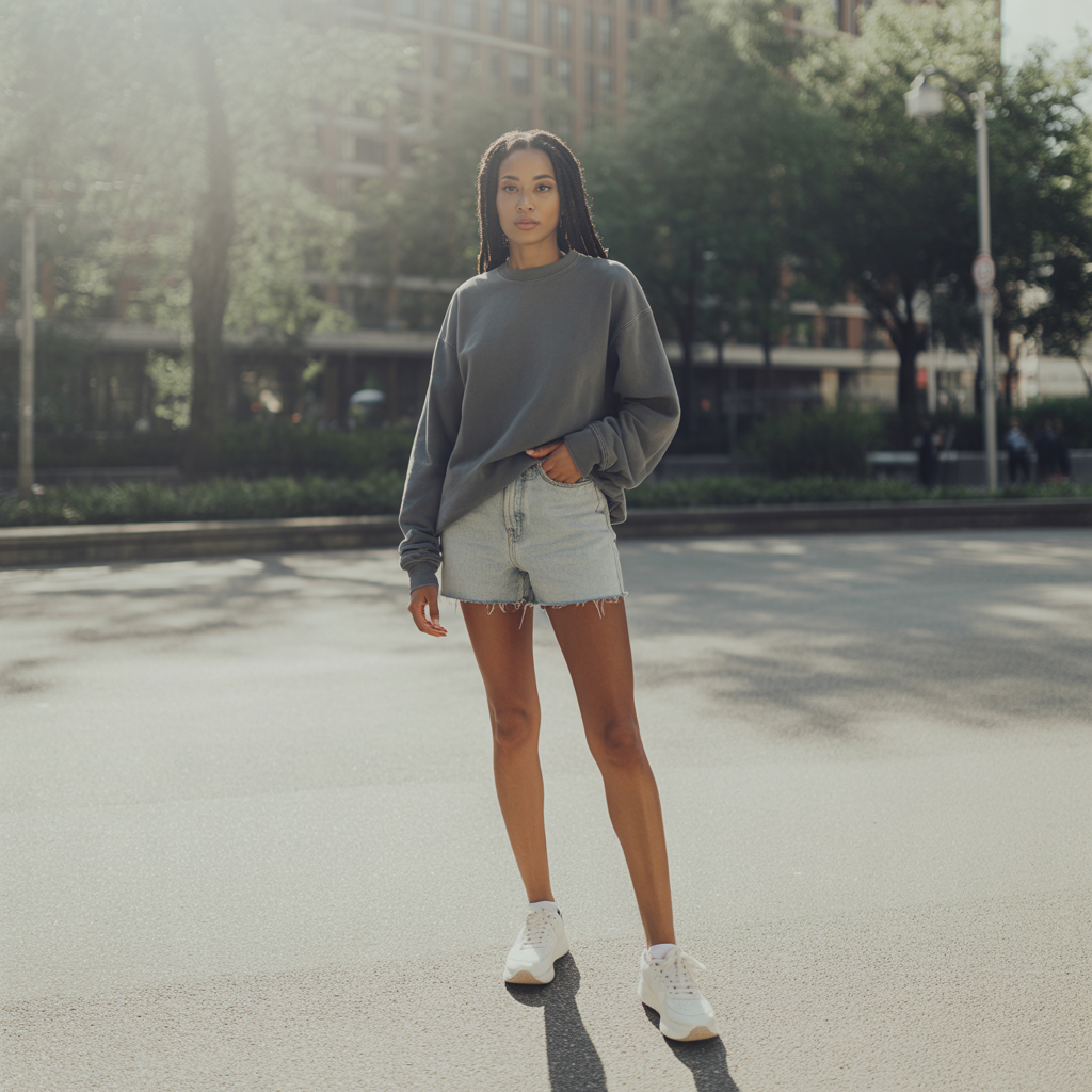 20 Best Casual Outfit Ideas for Effortless Everyday Style 19 Sweatshirt with Denim Shorts