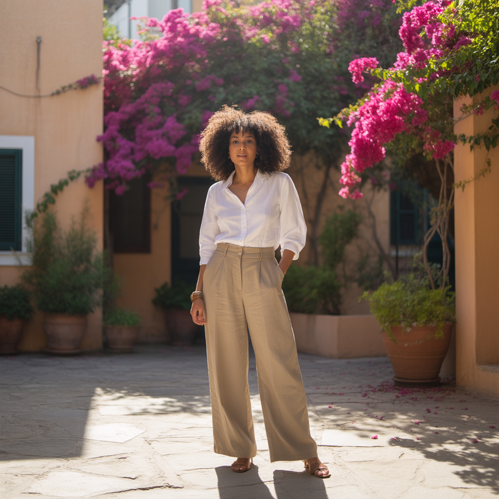 Wide-Leg Trousers with a Simple Blouse
