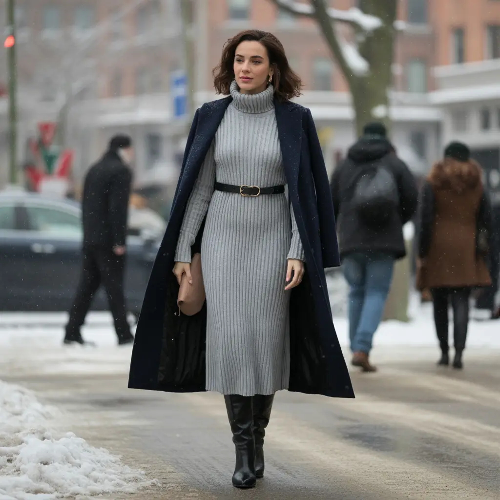 16 Ideas About Chic Winter Outfits to Stay Warm in Style 8 Midi Dress with Knee-High Boots