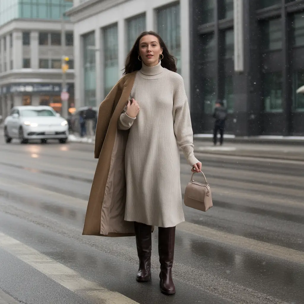 20 Ideas About Comfy Winter Outfits for Effortless Style and Warmth 12 Sweater Dresses with Knee Boots
