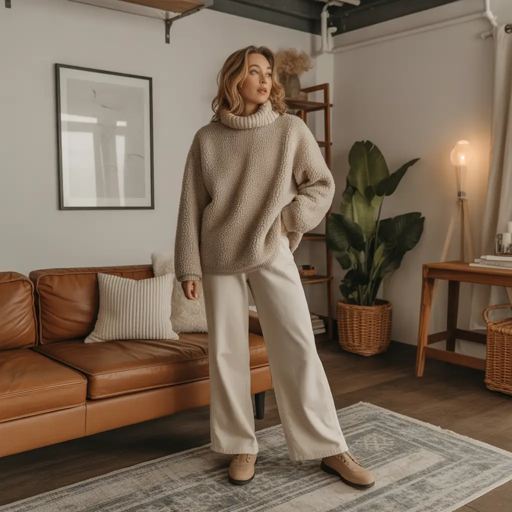 20 Ideas About Comfy Winter Outfits for Effortless Style and Warmth 17 Sherpa Pullovers with Wide-Leg Pants