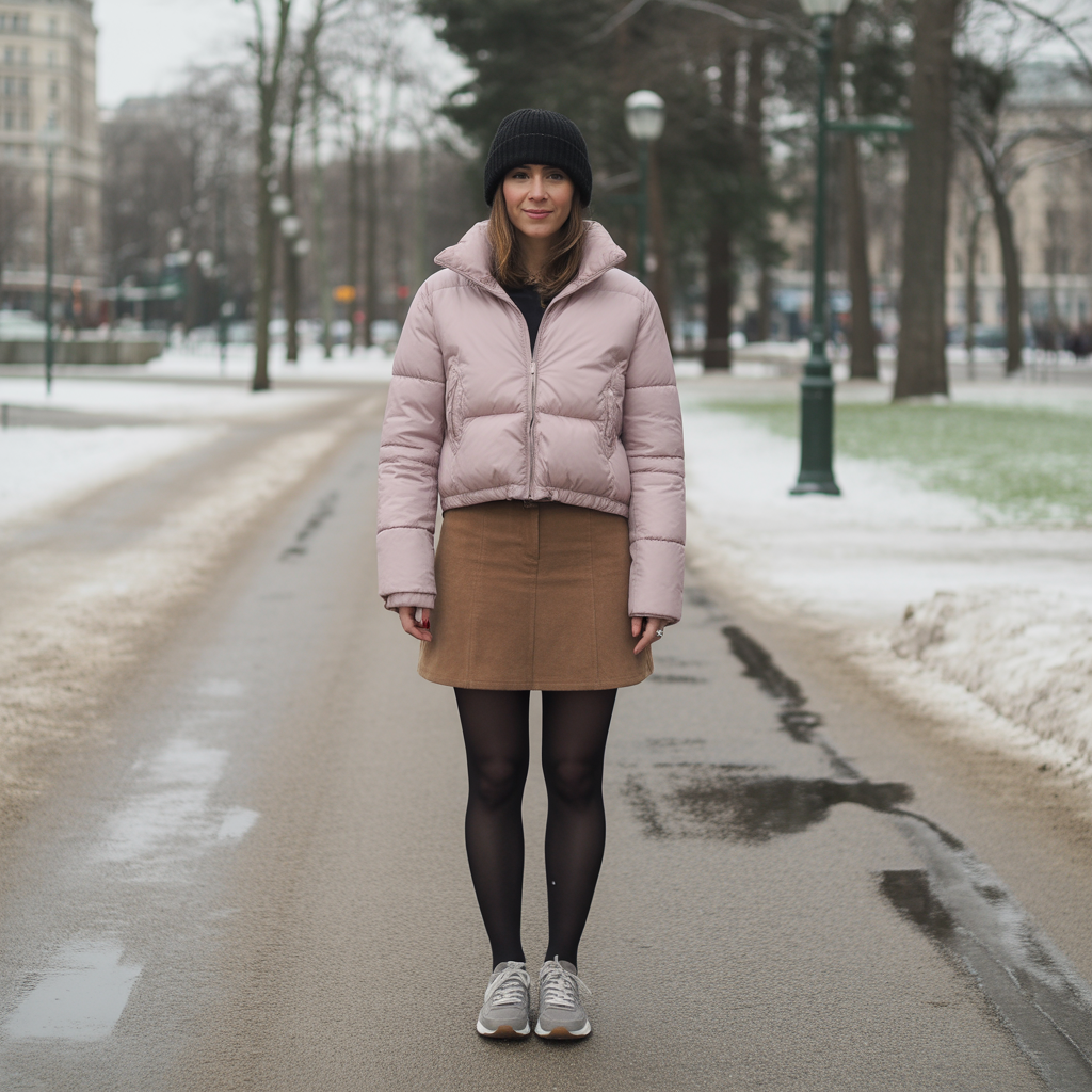 20 Ideas About Cute Winter Skirt Outfits to Stay Warm and Stylish 19 Wool Skirt with Puffer Jacket