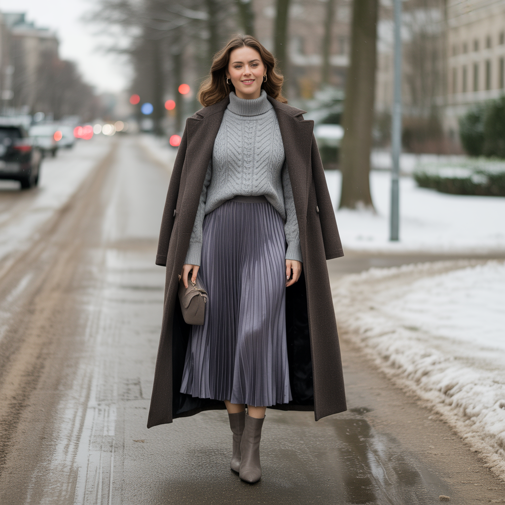 20 Ideas About Cute Winter Skirt Outfits to Stay Warm and Stylish 5 Pleated Midi Skirt with Long Wool Coat