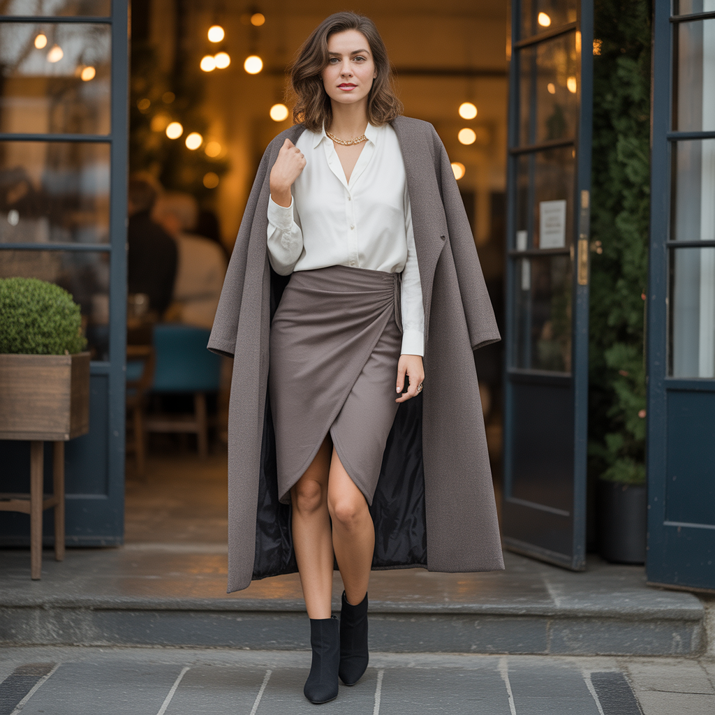 20 Ideas About Cute Winter Skirt Outfits to Stay Warm and Stylish 16 Wrap Skirt with Layered Blouse