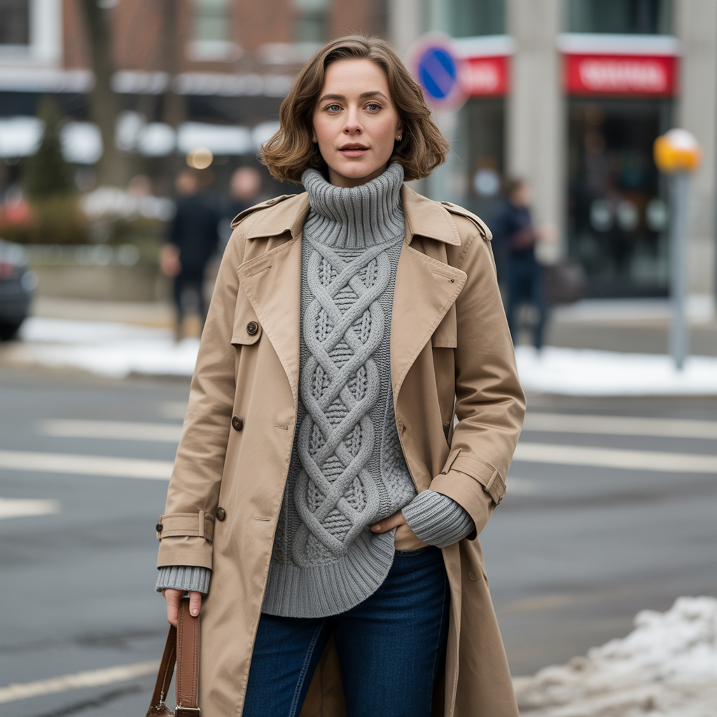 20 Idea About Cool Winter Outfits to Master Cold Weather Style 4 Cable-Knit Sweater under Trench Coat