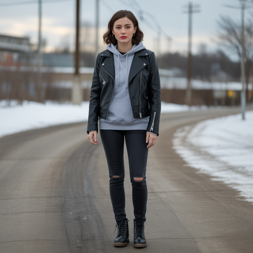 20 Idea About Cool Winter Outfits to Master Cold Weather Style 5 Leather Jacket with Thermal Hoodie
