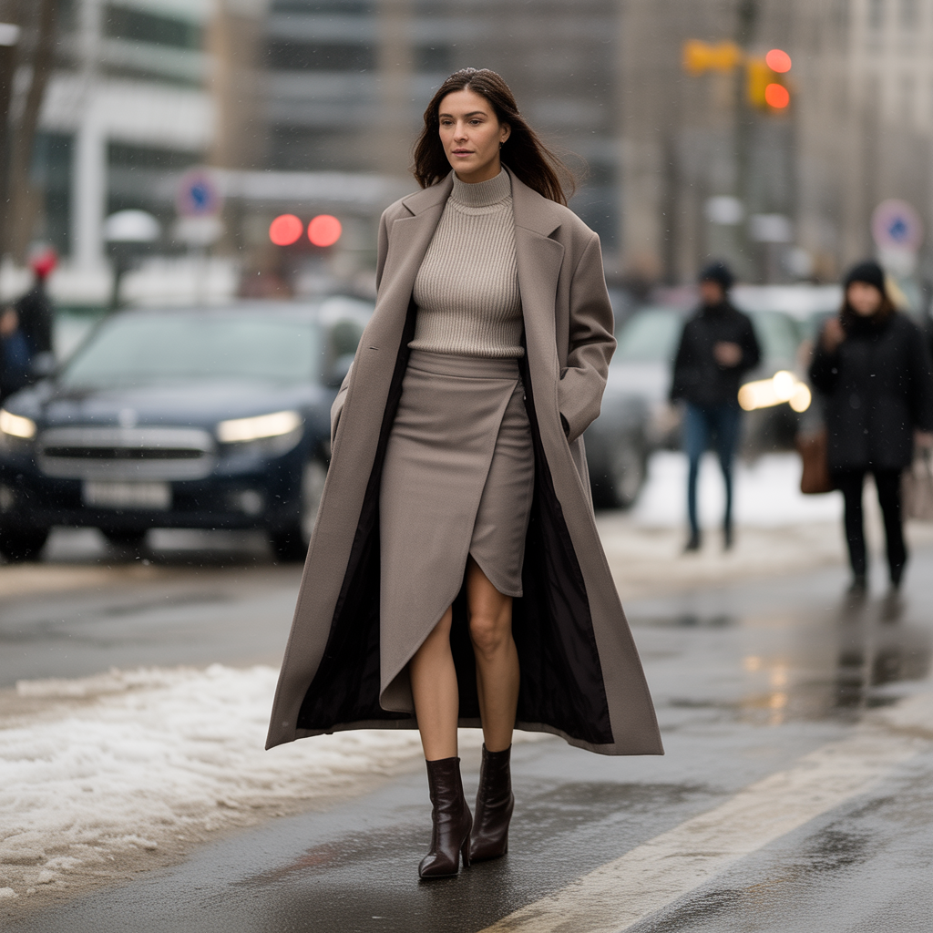 20 Ideas About Cute Winter Skirt Outfits to Stay Warm and Stylish 13 Asymmetrical Skirt with Long Coat