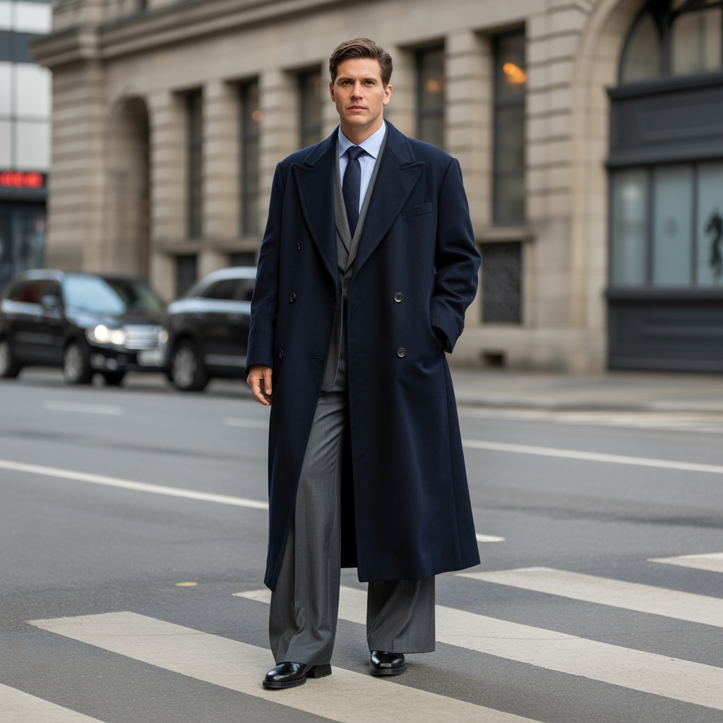 20 Idea About Cool Winter Outfits to Master Cold Weather Style 14 Double-Breasted Coat with Wide-Leg Trousers