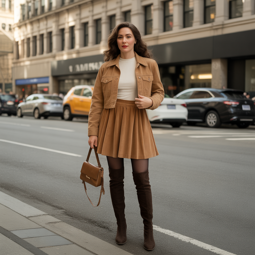 20 Ideas About Cute Winter Skirt Outfits to Stay Warm and Stylish 4 Corduroy Skirt with Layered Tops