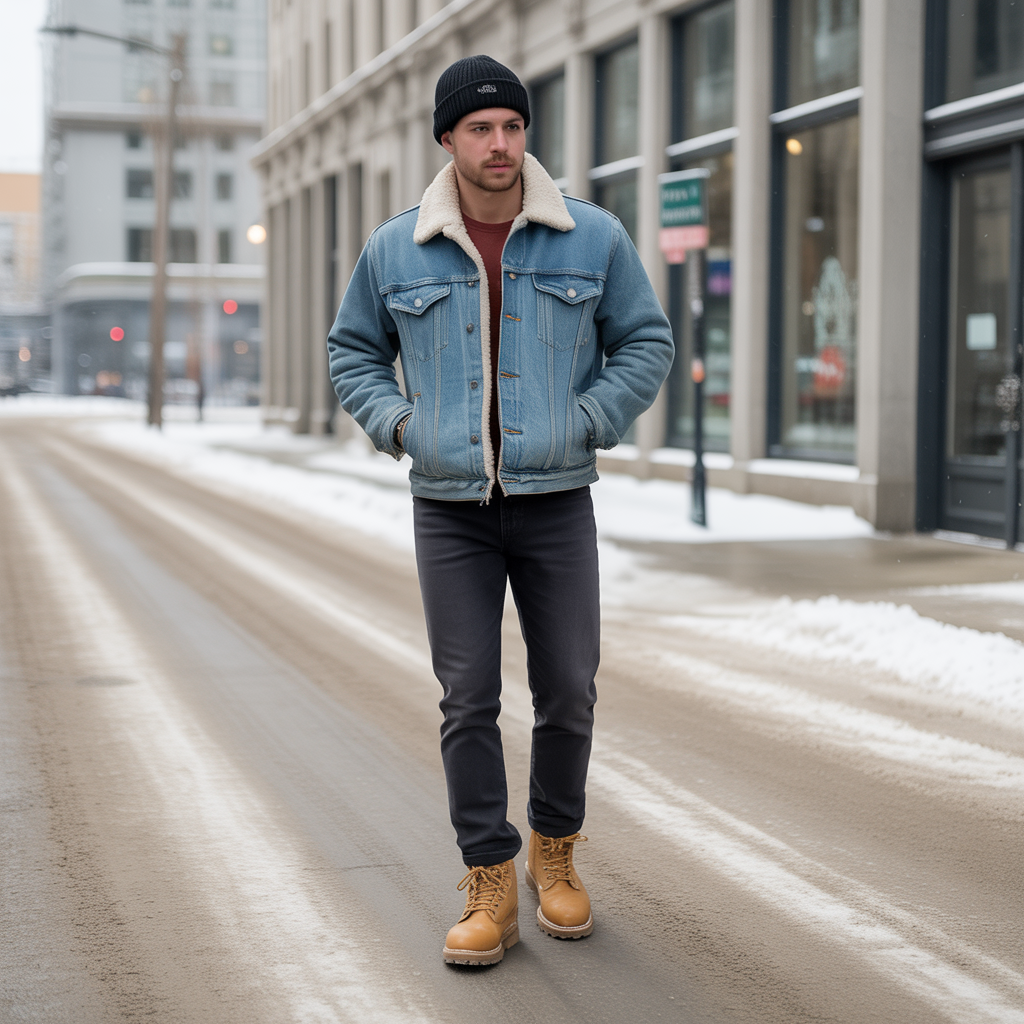 20 Idea About Cool Winter Outfits to Master Cold Weather Style 9 Shearling-Lined Denim Jacket with Work Boots