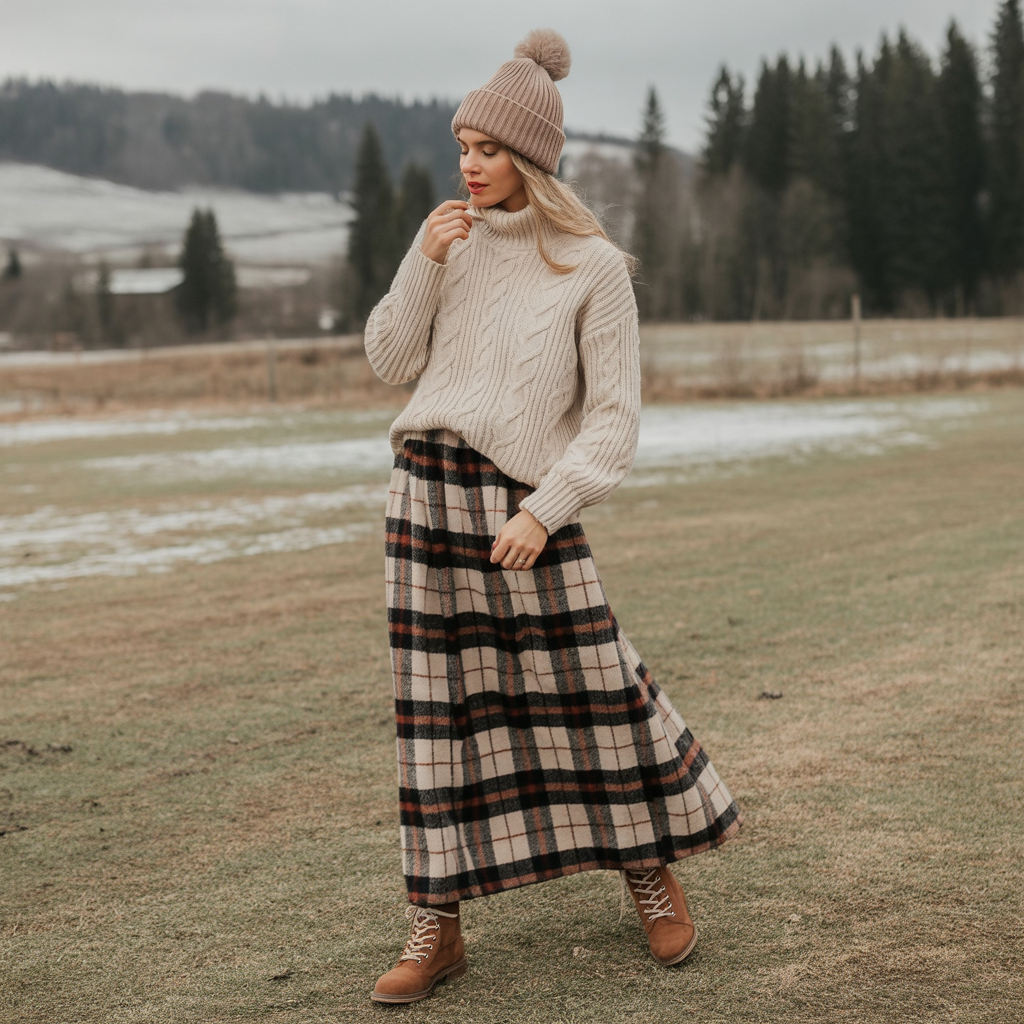 20 Ideas About Cute Winter Skirt Outfits to Stay Warm and Stylish 14 Plaid Maxi Skirt with Layered Knits