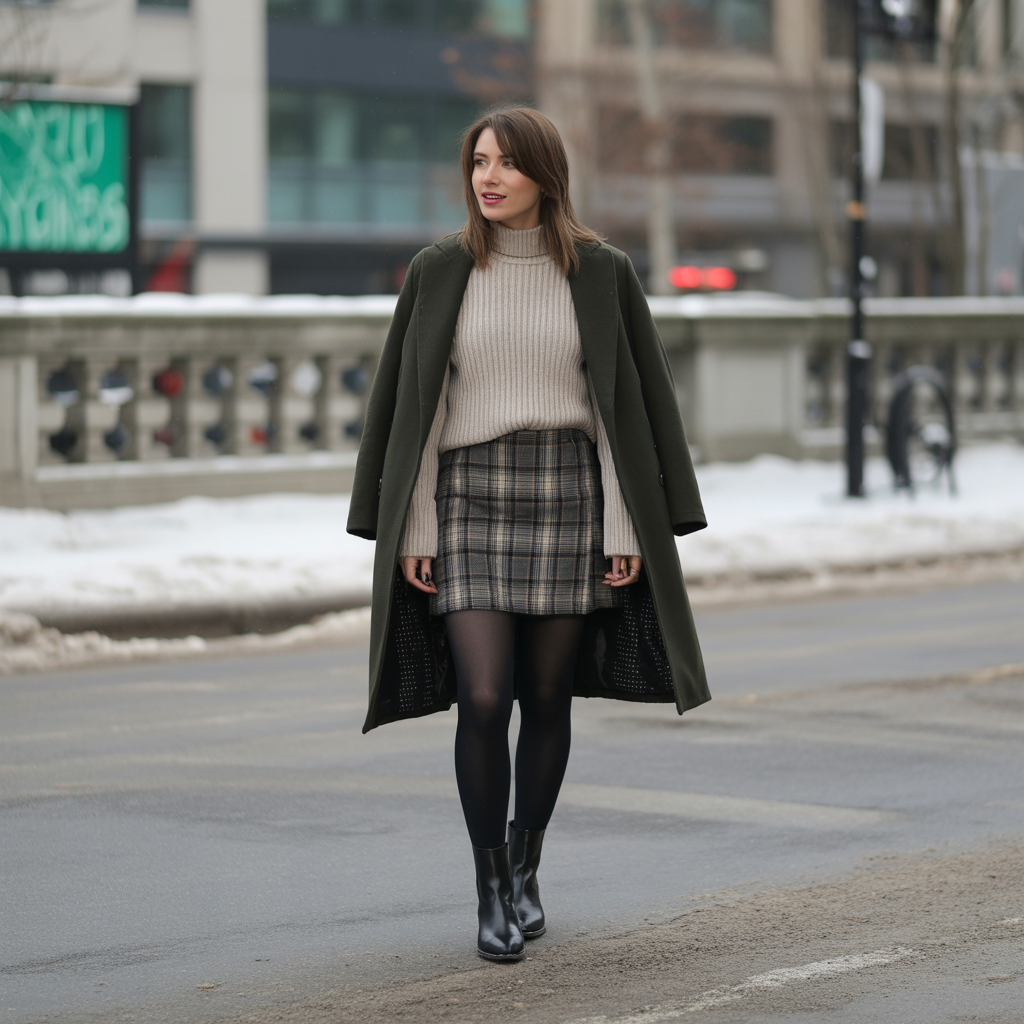 20 Ideas About Cute Winter Skirt Outfits to Stay Warm and Stylish 2 Plaid Mini Skirt with Tights and Coat