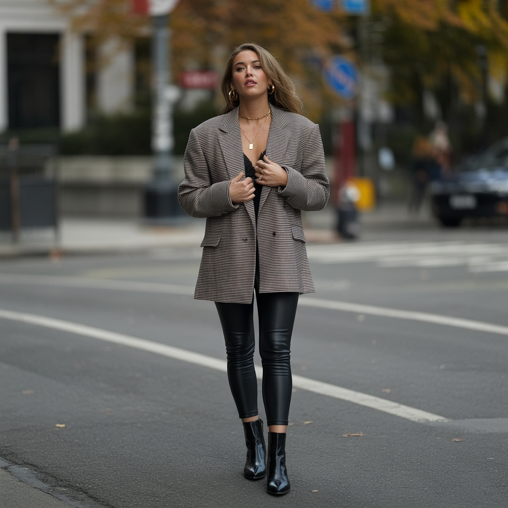 Baddie Fall Outfits: 18 Fierce Looks to Slay Autumn in Style 1 Oversized Plaid Blazer with Leather Leggings